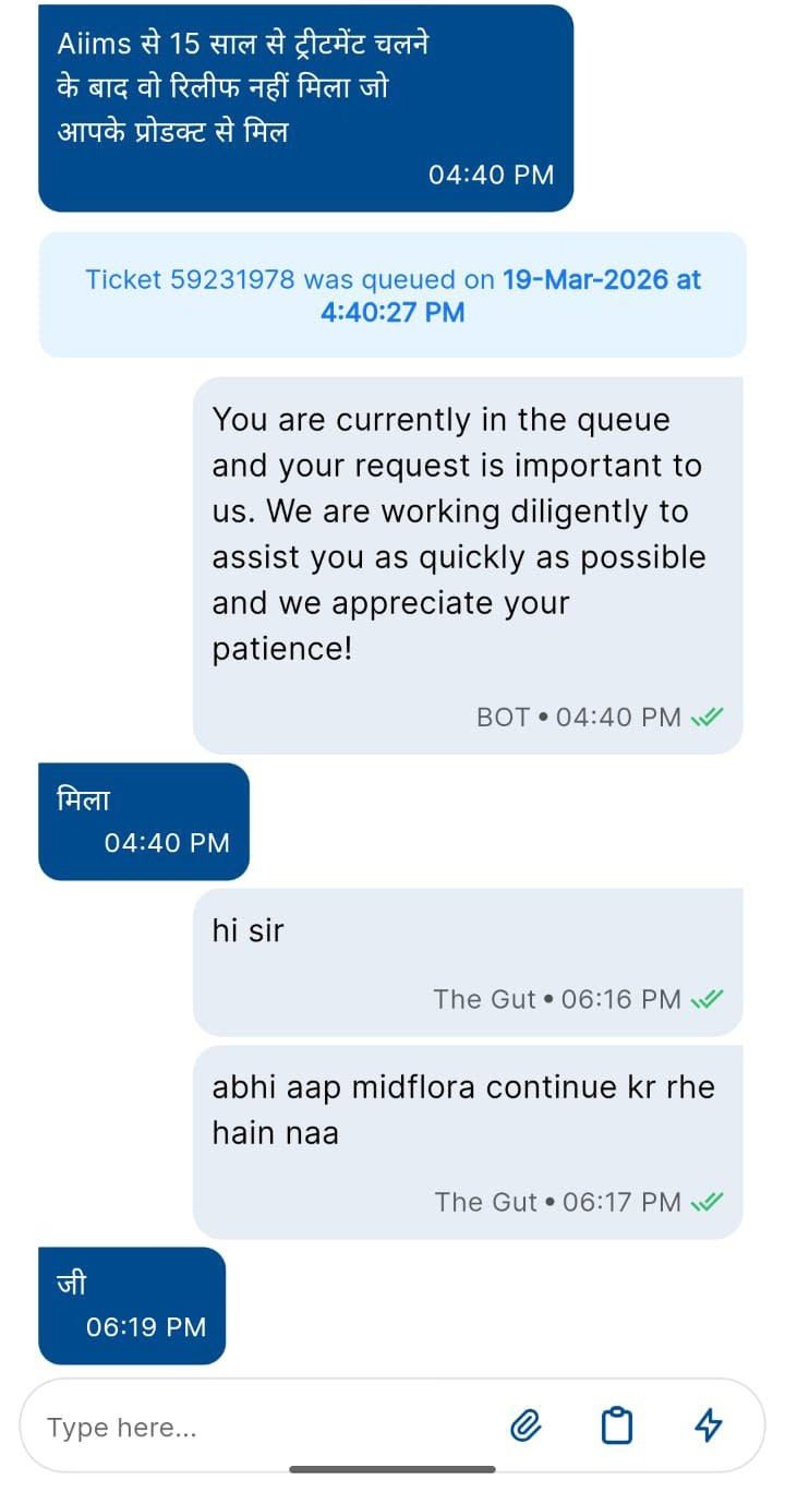 Customer is talking about how their well their gut got treated using MindFlora, not even AIIMS could help after 15 year treatment.